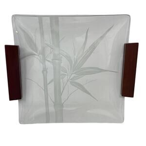 Vtg Dorothy Thorpe MCM Etched Glass Serving Tray Bamboo Koa Wood Morri Hawaii